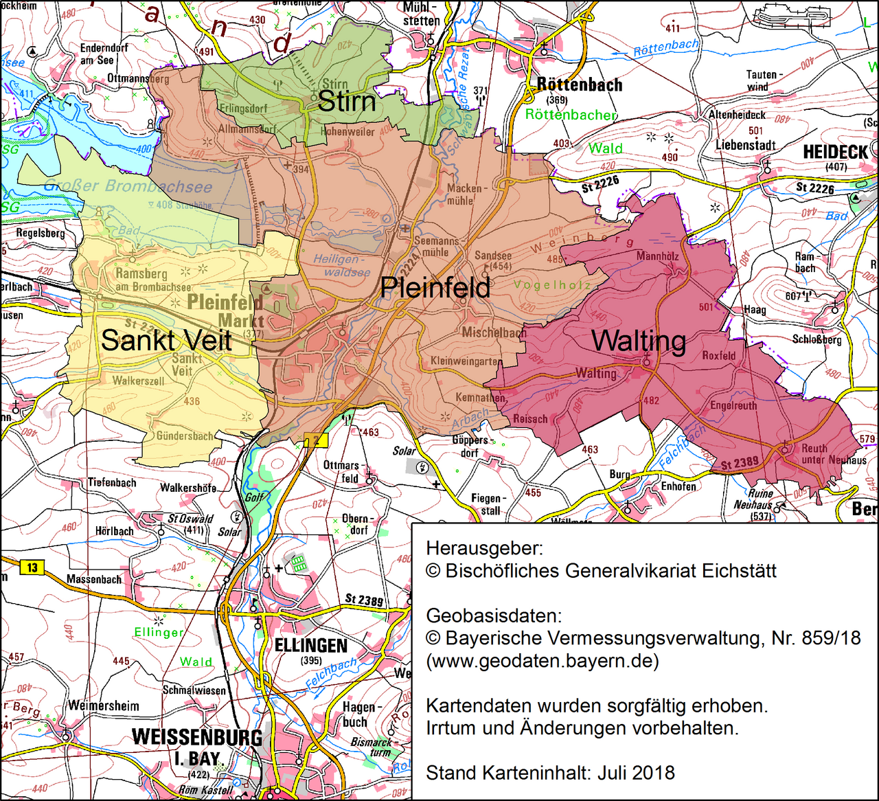 Karte mit dem Umriß des Pfarrverbandes Pleinfeld und Pfarreiengrenzen